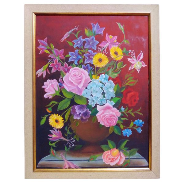 تابلو نقاشی رنگ روغن مدل گلدان گل های بهاری کد 100