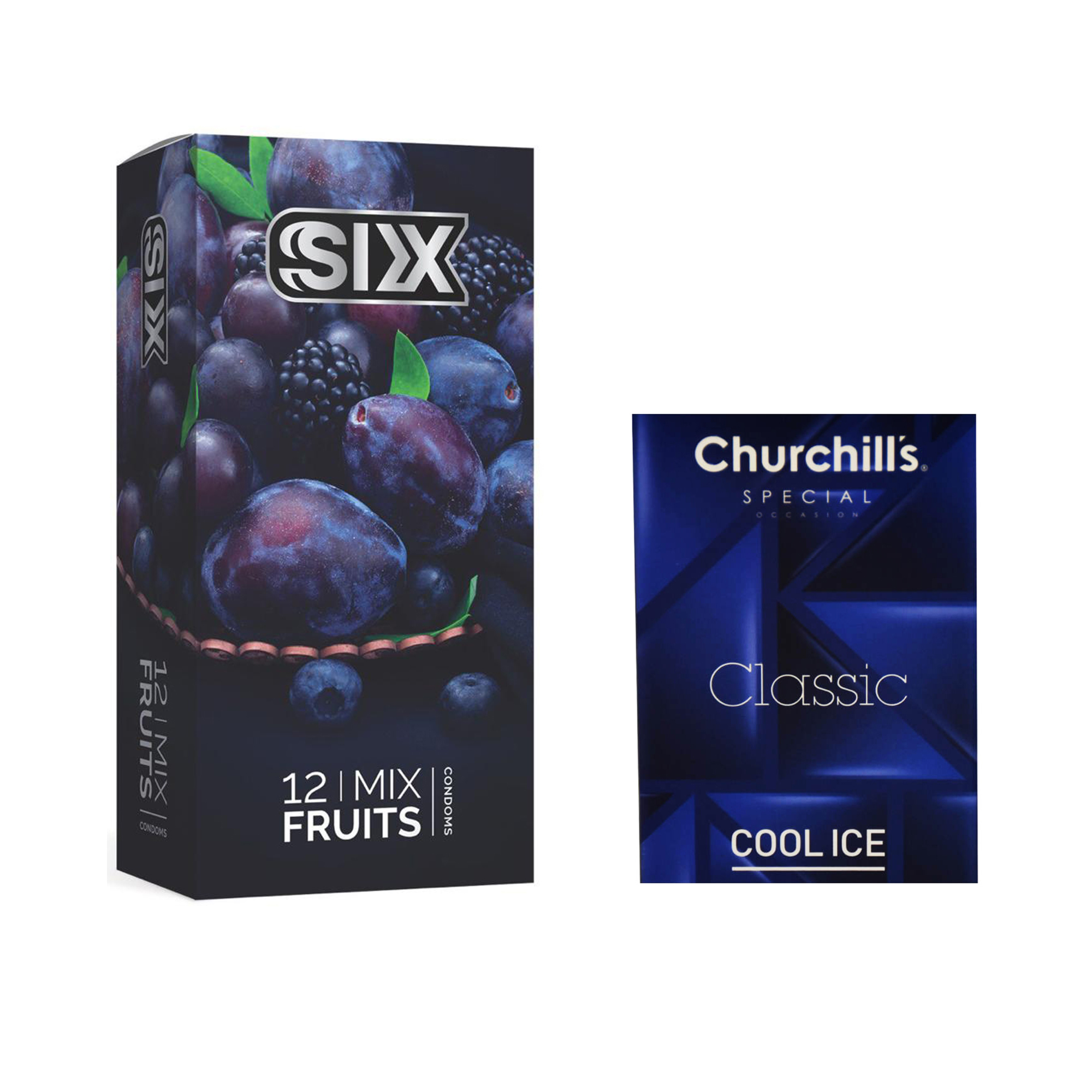 کاندوم سیکس مدل Mix Fruits بسته 12 عددی به همراه کاندوم چرچیلز مدل Cool Ice بسته 3 عددی