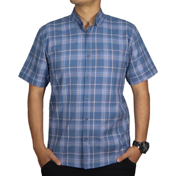 پیراهن آستین کوتاه مردانه مدل نخی چهارخونه کد 33077 رنگ آبی نفتی