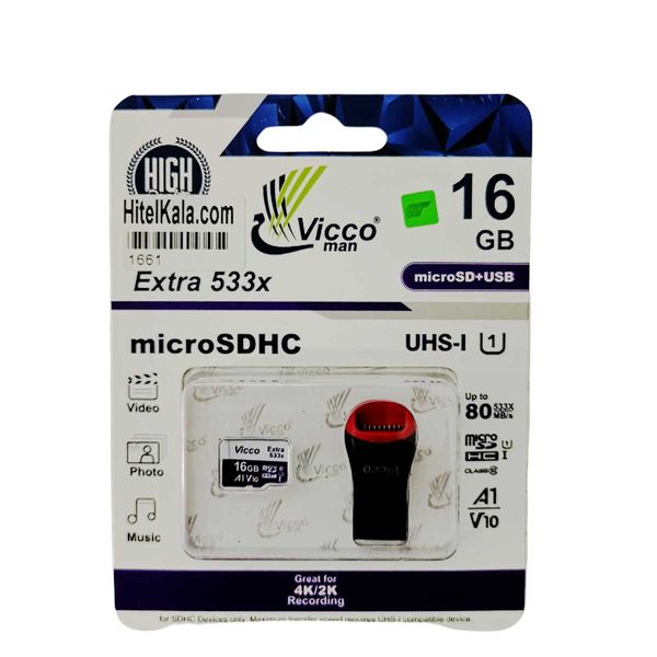 کارت حافظه microSDHC ویکومن مدل 533X کلاس 10 استاندارد UHS-I U1 سرعت 80MBps ظرفیت 16 گیگابایت به همراه کارت خوان حافظه