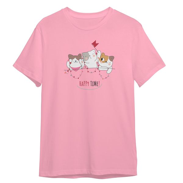تی شرت آستین کوتاه دخترانه مدل گربه های شاد و کیوت کد 0630 رنگ صورتی