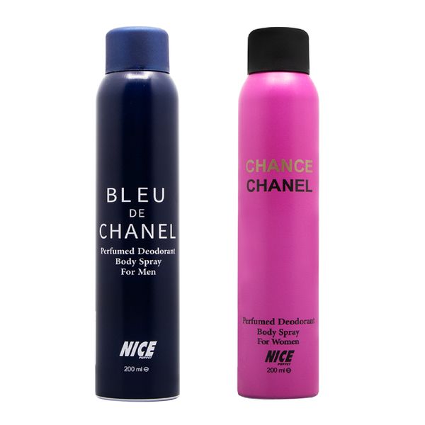 اسپری نایس پاپت مردانه مدل Blue De Chanel حجم 200 میلی لیتر به همراه اسپری خوشبو کننده بدن زنانه نایس پاپت مدل Chanel Chance حجم 200 میلی لیتر