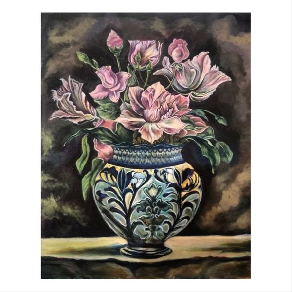 تابلو نقاشی رنگ روغن مدل گلدان رز