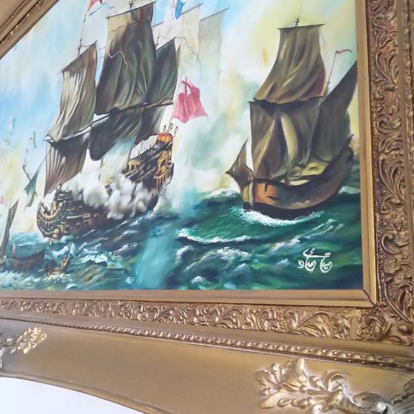 تابلو نقاشی رنگ روغن طرح کشتی جنگی 