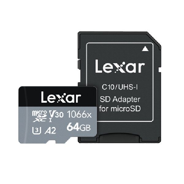 کارت حافظه microSDXC لکسار مدل 1066X کلاس A2 استاندارد UHS-U3 سرعت 160MBps ظرفیت 64 گیگابایت به همراه آداپتور SD