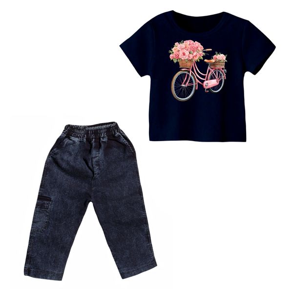 ست تی شرت و شلوارک دخترانه مدل دوچرخه کد ۹ رنگ سورمه ای