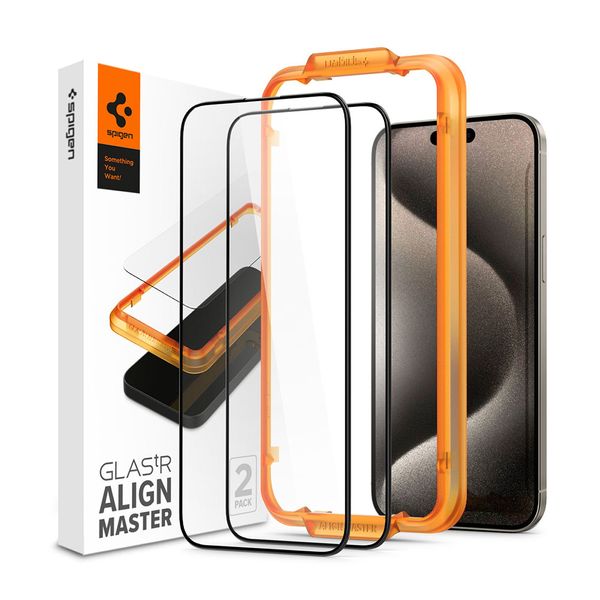 محافظ صفحه نمایش اسپیگن مدل AlignMaster GLAS.tR مناسب برای گوشی موبایل اپل iPhone 15 Pro Max  همراه با ابزار نصب بسته دو عددی
