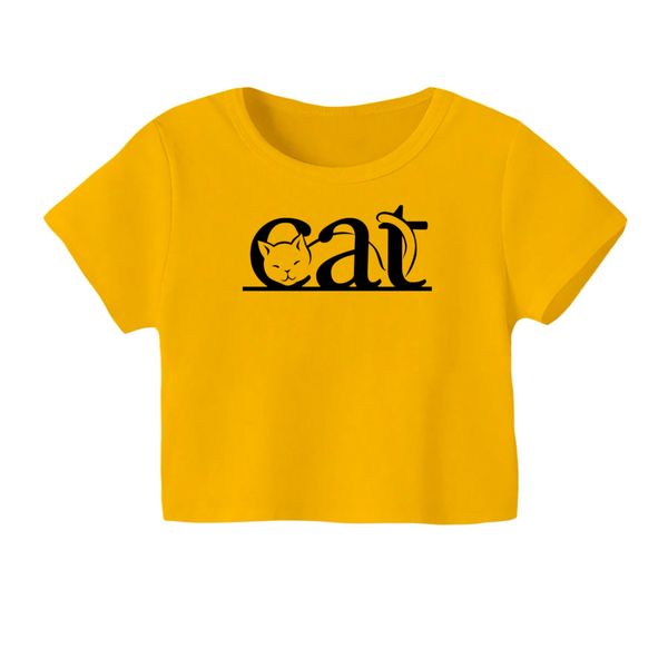 کراپ‌ تی‌شرت آستین کوتاه زنانه مدل گربه کد 11 رنگ زرد