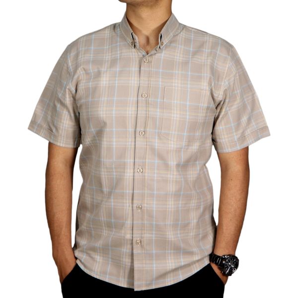 پیراهن آستین کوتاه مردانه مدل نخی چهارخونه کد 33077 رنگ کرم