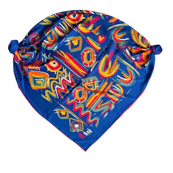روسری زنانه مدل ابریشم توییل شاد آبرنگی هندسی مهمانی مجلسی قواره 130 کد 1