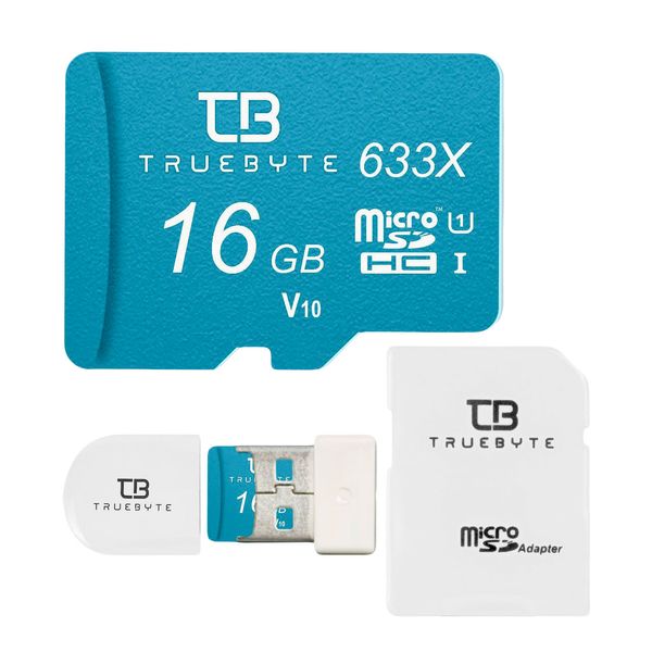 کارت حافظه MicroSDHC تروبایت مدل 633X-V10 کلاس 10 استاندارد UHS-I U1 سرعت 95MBPS ظرفیت 16 گیگابایت به همراه آداپتور SD و کارت‌خوان