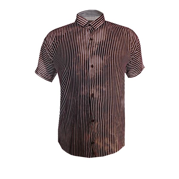 پیراهن آستین کوتاه مردانه مدل هاوایی راه راه ابری کد ABR-BRO رنگ قهوه ای