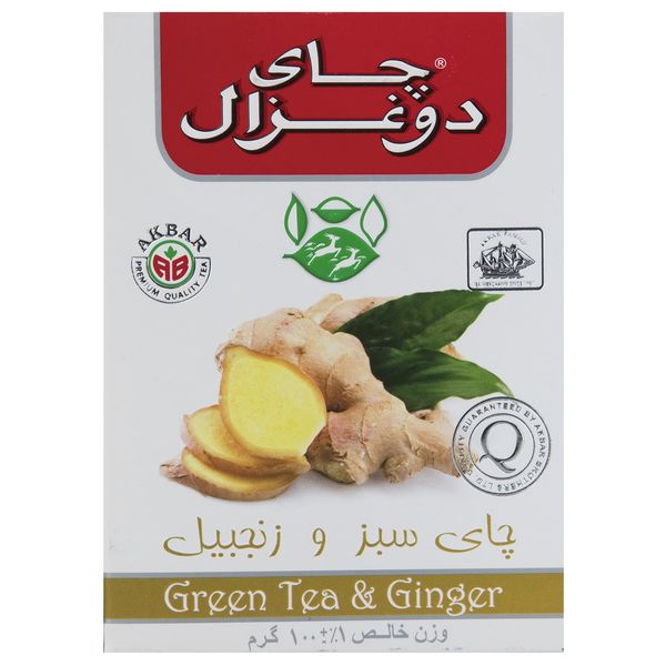 چای سبز دو غزال با طعم زنجبیل بسته 100 گرمی