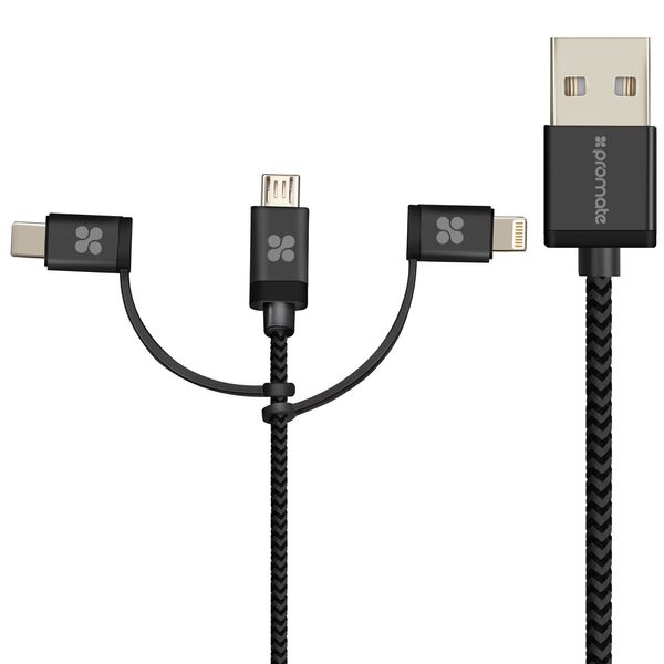 کابل تبدیل USB به microUSB/USB-C/لایتنینگ پرومیت مدل uniLink Trio طول 1.2 متر