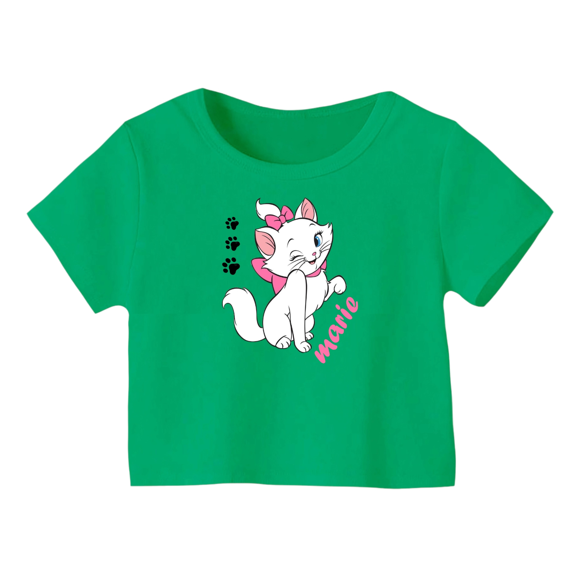 کراپ‌ تی‌شرت آستین کوتاه زنانه مدل گربه کد ۷ رنگ سبز