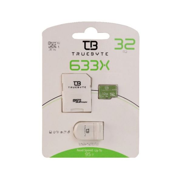 کارت حافظه microSDHC تروبایت مدل A1-V30-633X کلاس 10 استاندارد UHS-I U3 سرعت UHS-I U3 سرعت 95MBps ظرفیت 32 گیگابایت به همراه آداپتور SD و کارت خوان