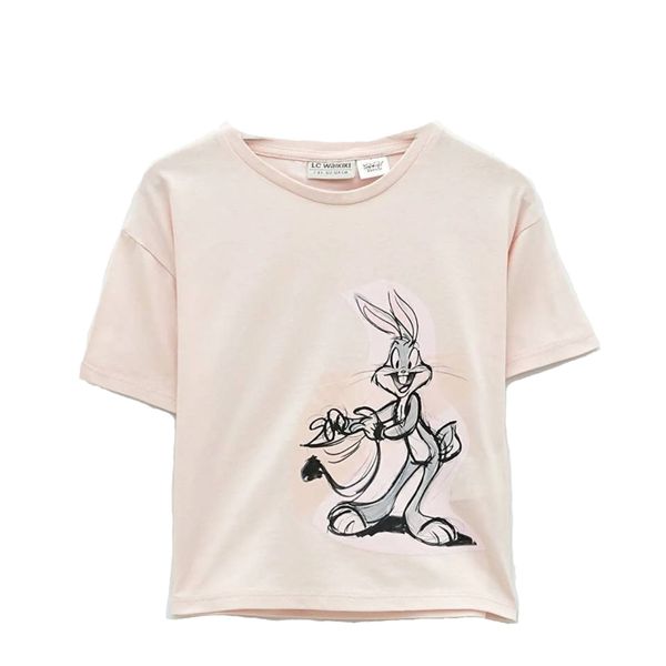 تی شرت آستین کوتاه دخترانه ال سی وایکیکی مدل خرگوشی رنگ صورتی
