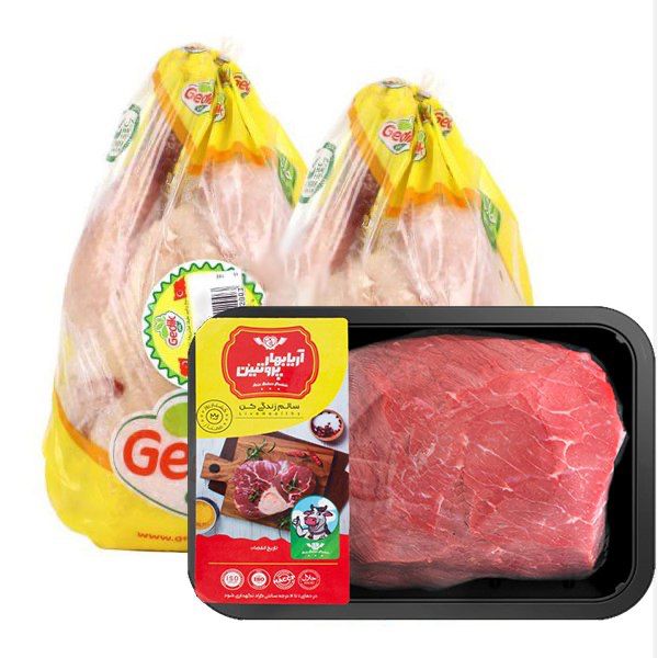  مرغ منجمد گودیک 3.6 کیلوگرم بسته دو عددی به همراه ران گوساله تازه  آریا بهار پروتئین 1 کیلوگرم