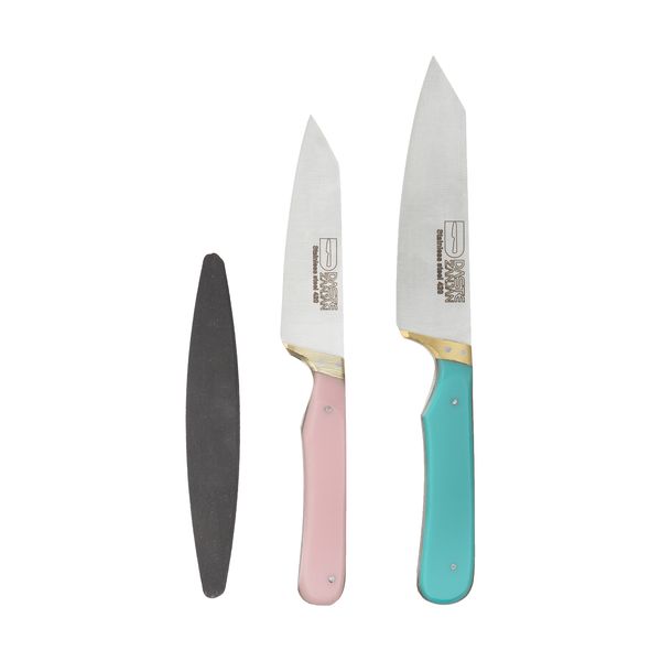 چاقو آشپزخانه ثمین دست زنجان مدل SDZ22-112 مجموعه 2 عددی به همراه سنگ چاقو تیز کن