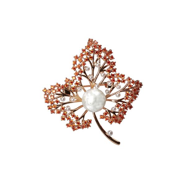 گل سینه زنانه ژوپینگ مدل برگ پاییزی مروارید دار کد 112001428