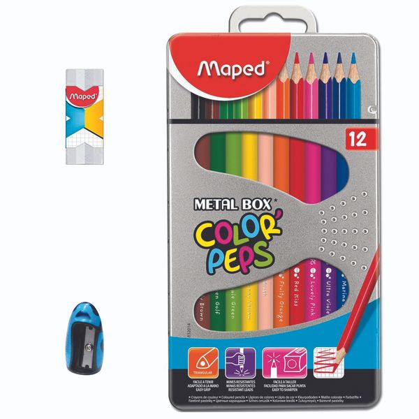 مداد رنگی 12 رنگ مپد مدل COLOR PEPS کد metal به همراه تراش و پاک کن