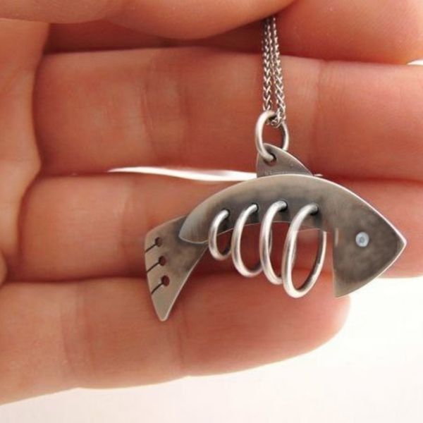 آویز گردنبند نقره مدل ماهی اسکلتی متحرک 