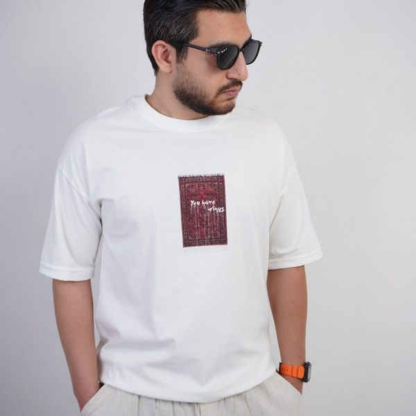 تی شرت آستین کوتاه مردانه مدل چاپ قالیچه مینیمال یقه گرد نخی رنگ سفید