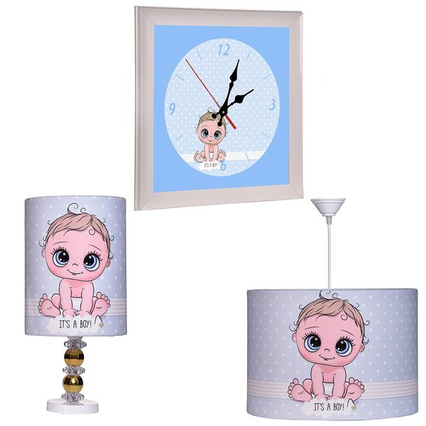 ساعت دیواری کودک مدل نوزاد پسر به همراه لوستر و آباژور