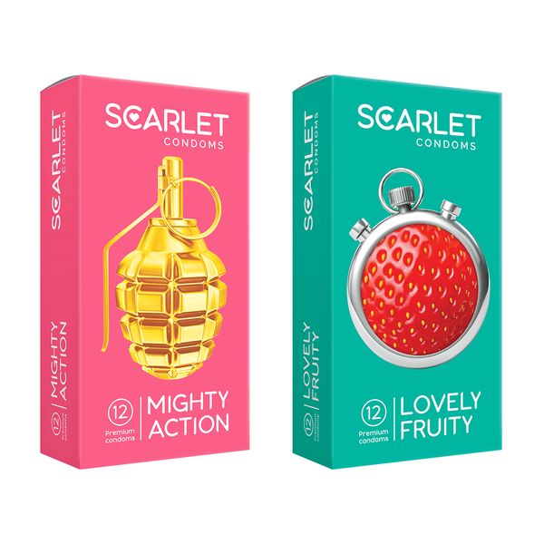 کاندوم اسکارلت مدل LOVELY FRUITY بسته 12 عددی به همراه کاندوم اسکارلت مدل MIGHTY ACTION