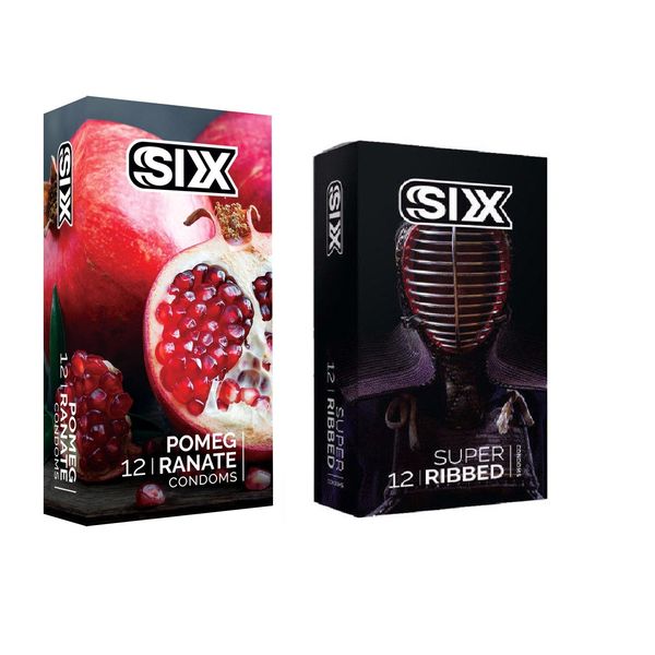 کاندوم سیکس مدل Pomegranate بسته 12 عددی به همراه کاندوم سیکس مدل Super Ribbed بسته 12 عددی