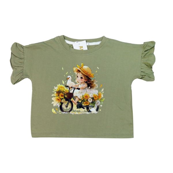کراپ تی شرت آستین کوتاه دخترانه مدل دوچرخه سوار