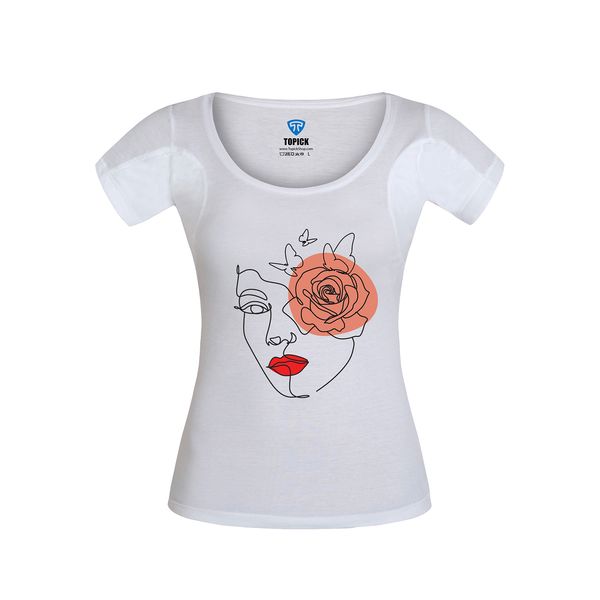 تی شرت آستین کوتاه زنانه تاپیک مدل ضدتعریق طرح چهره و گلبرگ