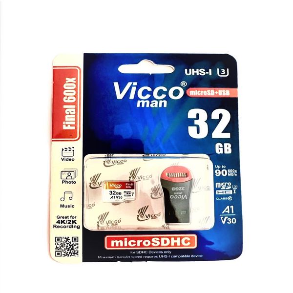 کارت حافظه microSDHC ویکومن مدل A1 V30 600X کلاس 10 استاندارد UHS-I U3 سرعت 90MBps ظرفیت 32 گیگابایت به همراه کارت خوان