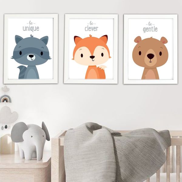 تابلو اتاق کودک مدل سنجاب ، خرس و راکون Be Clever-Be Gentle -Be Unique مجموعه 3 عددی