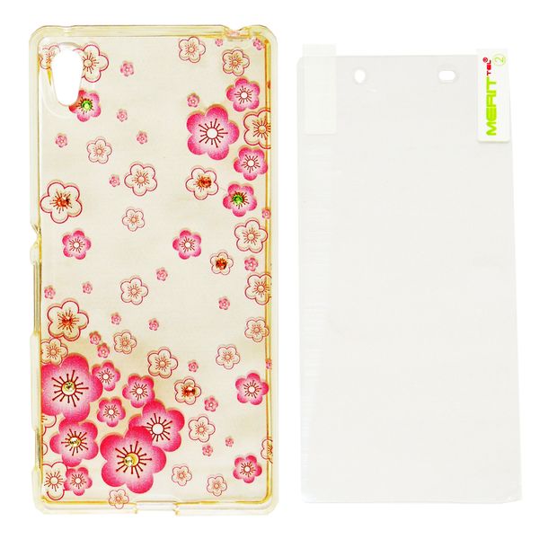 کاور مریت طرح flower-pink مناسب برای گوشی موبایل سونی xperia z4 به همراه محافظ صفحه نمایش