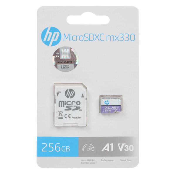 کارت حافظه MicroSD اچ پی مدل mx330 کلاس 10 استاندارد UHS-I U3 سرعت 100MBps ظرفیت 256 گیگابایت به همراه آداپتور SD