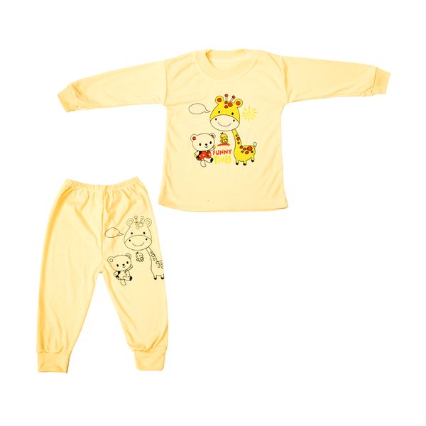 ست تی شرت و شلوار نوزادی مدل زرافه با دوستش کد 4 رنگ زرد