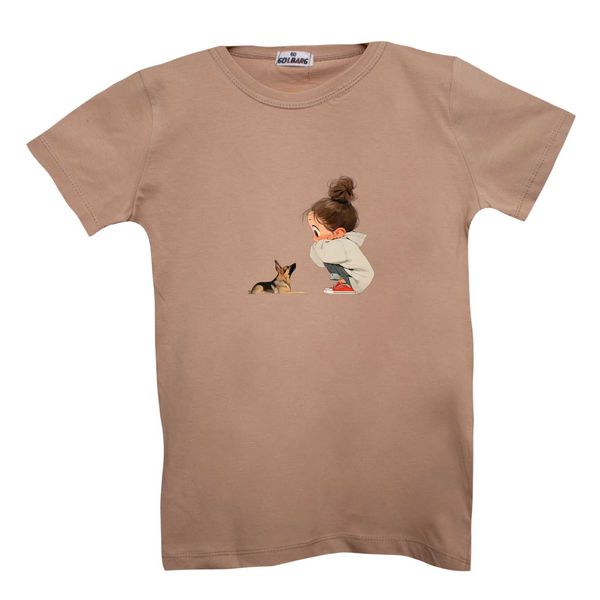 تی شرت آستین کوتاه بچگانه مدل دختر و سگ رنگ کرم