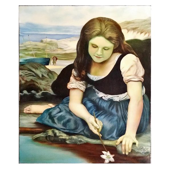 تابلو نقاشی رنگ روغن مدل دختر نشسته در ساحل کد 8512