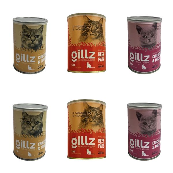 کنسرو غذای گربه گیلز مدل سه طعمی‌ وزن 2400 گرم مجموعه 6 عددی