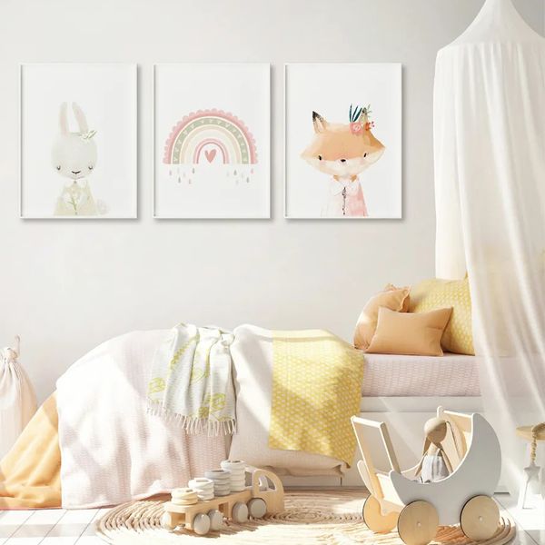  تابلو کودک و نوزاد مدل رنگین کمان و خرگوش و روباه مجموعه 3 عددی