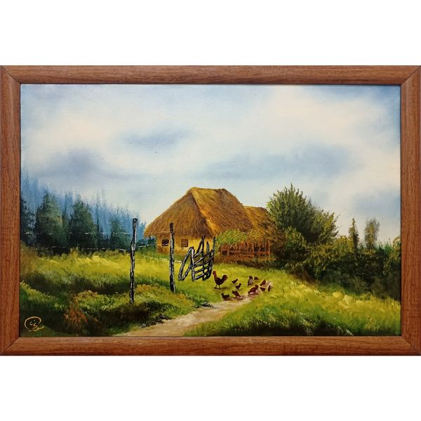 تابلو نقاشی رنگ روغن مدل کلبه بر فراز کوهستان