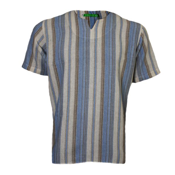 پیراهن آستین کوتاه مردانه مدل پارچه کنفی یقه کوبایی رنگ آبی