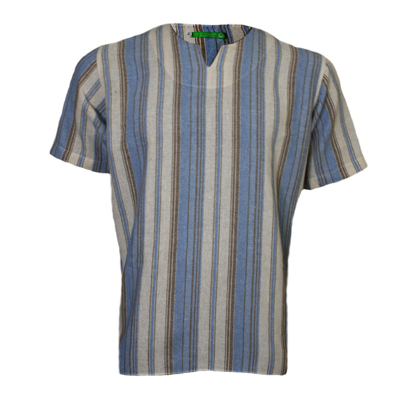 پیراهن آستین کوتاه مردانه مدل پارچه کنفی یقه کوبایی رنگ آبی