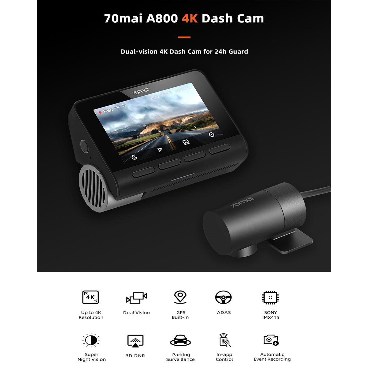دوربین فیلم برداری خودرو سوِنتی مِی مدل 70maI Dash Cam 4K + Rear Cam Set(RC06) A800S