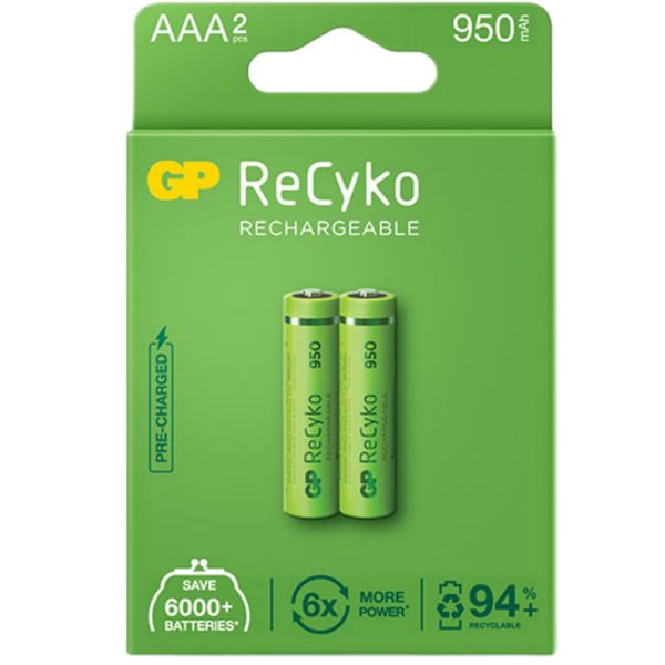 باتری نیم قلمی قابل شارژ جی پی مدل Rechargeable Recyko 950 بسته دو عددی