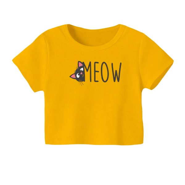 کراپ‌ تی‌شرت آستین کوتاه زنانه مدل گربه کد 18 رنگ زرد