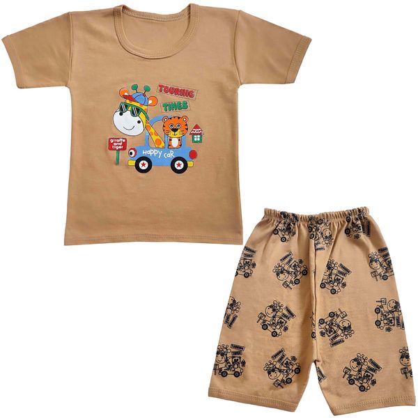 ست تی شرت و شلوارک نوزادی مدل زرافه و ماشین کد 3944 رنگ نسکافه ای