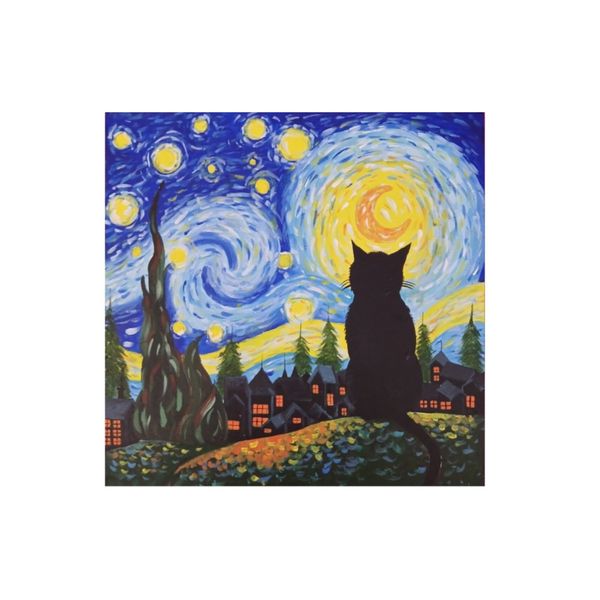 تابلو نقاشی اکریلیک مدل شب پر ستاره و گربه