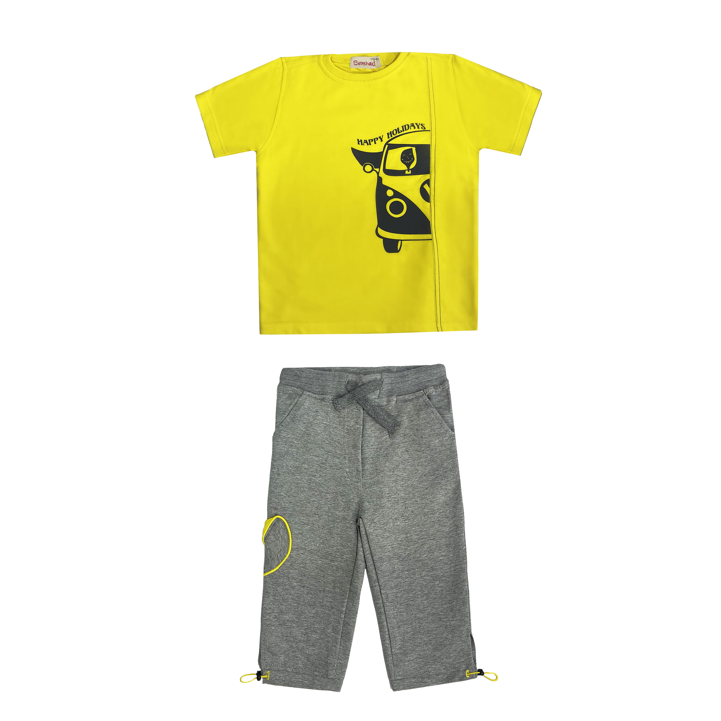 ست تی شرت آستین کوتاه و شلوار بچگانه برشاد مدل N403 رنگ زرد